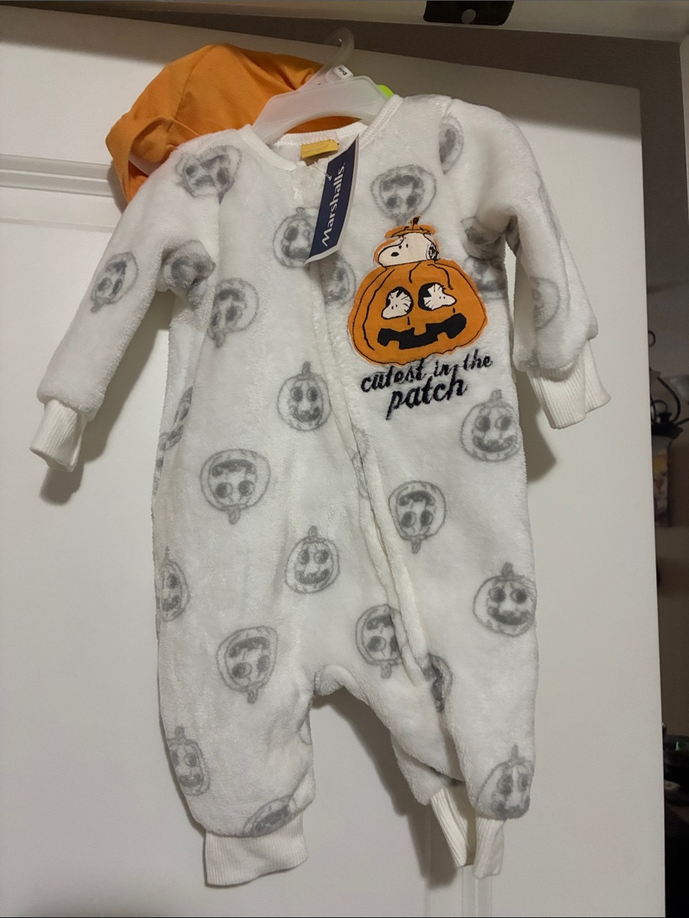 Marshalls White Fleece Baby Footie with Orange Pumpkin Applique
